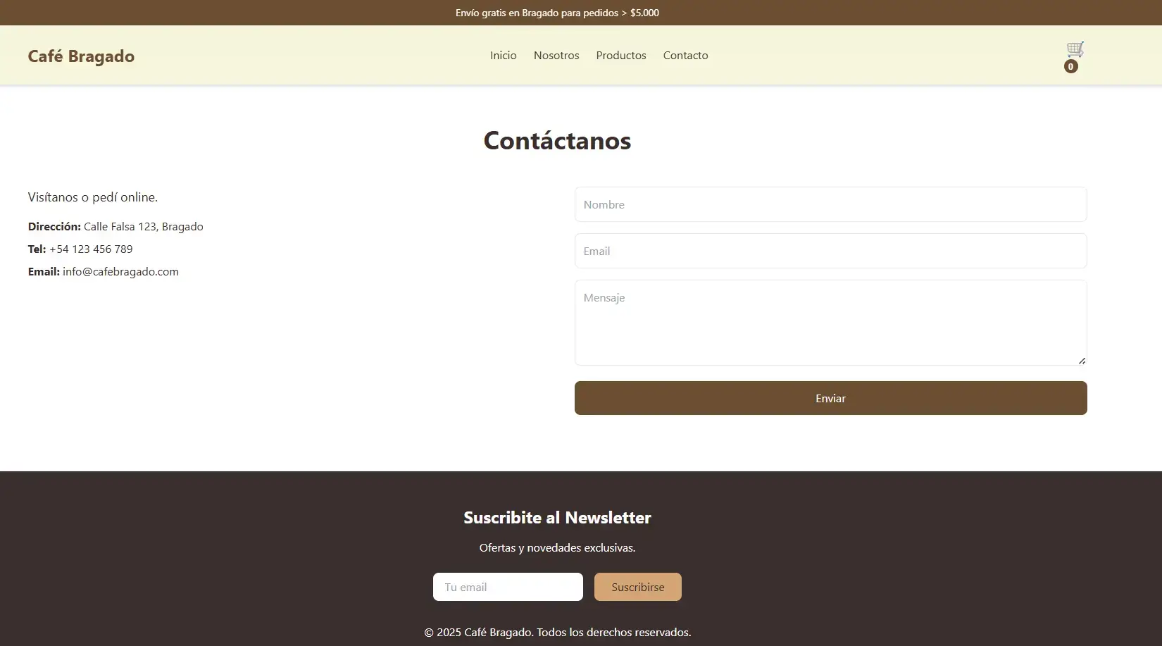 Tienda Online - Footer con información de contacto y navegación.