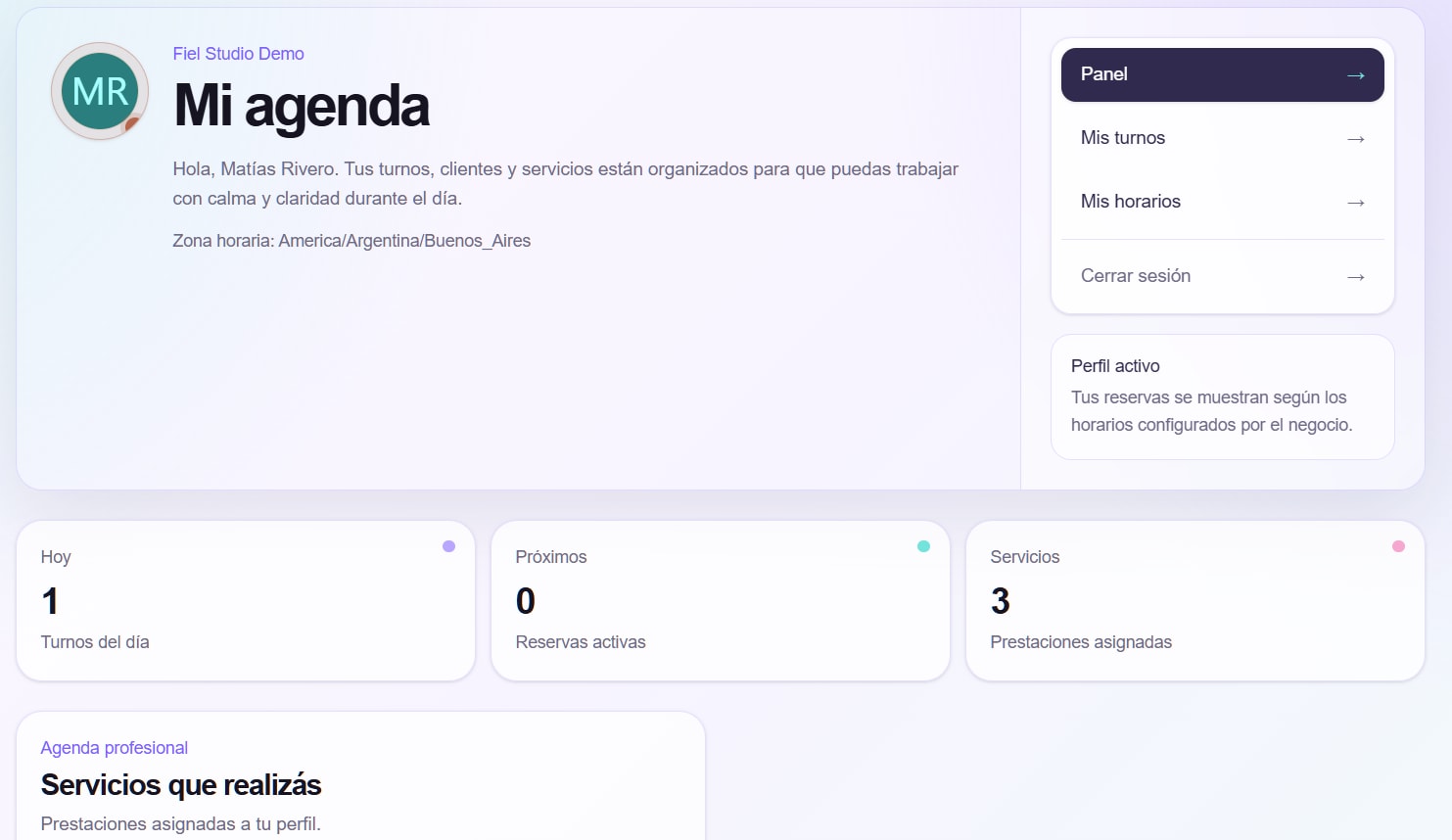 Fiel - Flujo para organizar reservas, servicios y disponibilidad por profesional.