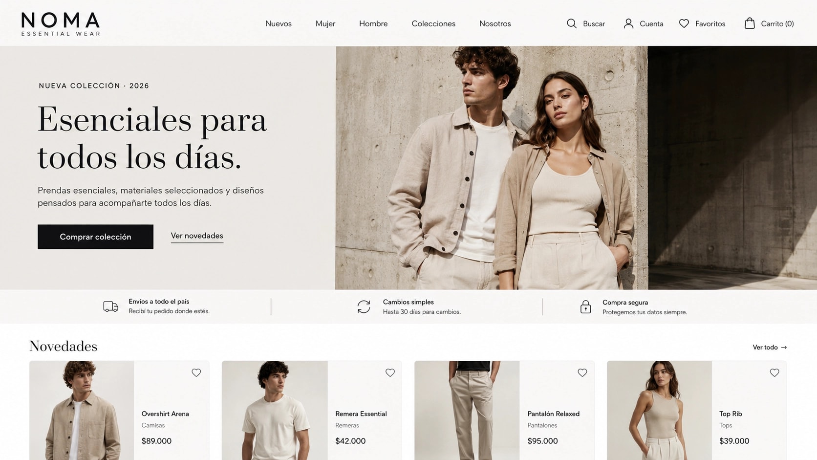 Homepage de tienda online de indumentaria NOMA